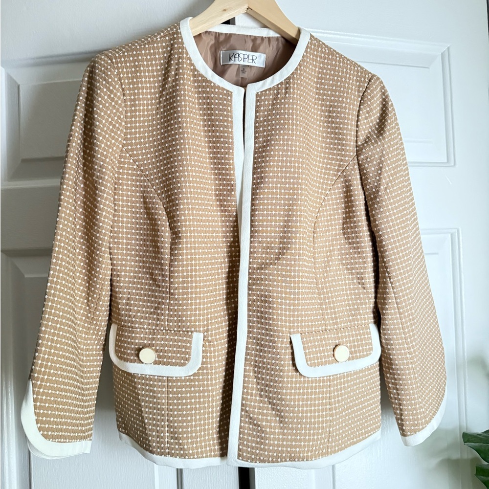 Kasper Tan & White Preppy Polka Dot Blazer Sz 6 Old Money Office Demure